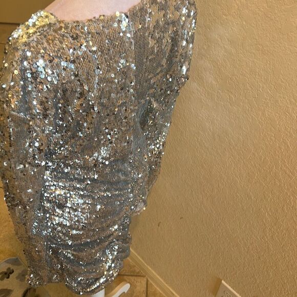 OW Collection Size L Sequin Glitter Dress Silver Vegas Nightclub Cocktail Mini - Picture 6 of 11
